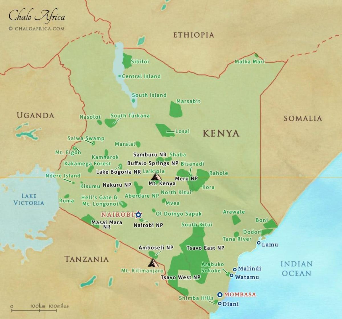 মানচিত্র কেনিয়া জাতীয় উদ্যান ও মজুদ